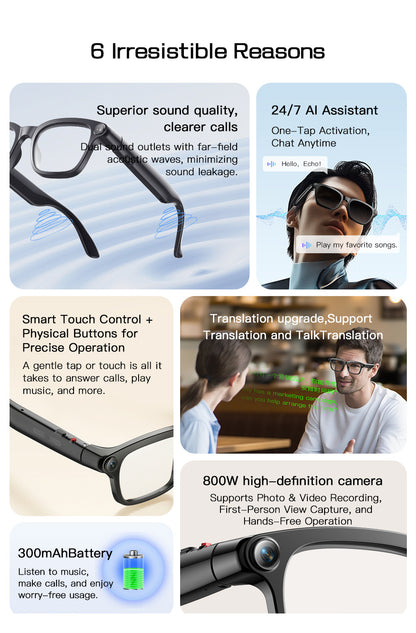 V16 Smart Camera Glasses | Sony IMX219 8MP, Real-Time Translation, BT5.4 Calls, Touch Control & Type-C