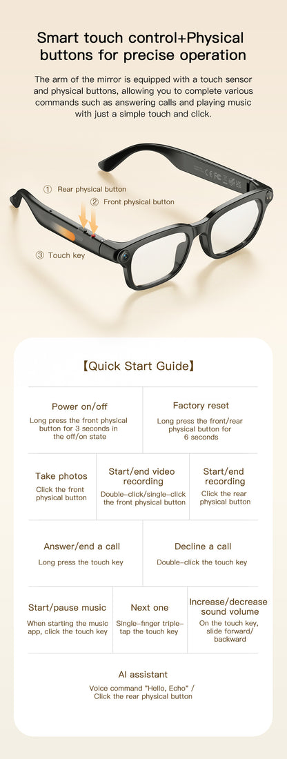 V16 Smart Camera Glasses | Sony IMX219 8MP, Real-Time Translation, BT5.4 Calls, Touch Control & Type-C