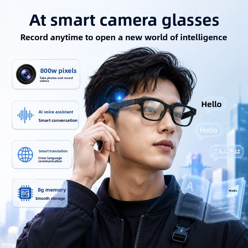 V17 AI Smart Camera Glasses | 8MP 1080P Video, 8GB Memory, AI Object Recognition, Translation & Touch Control