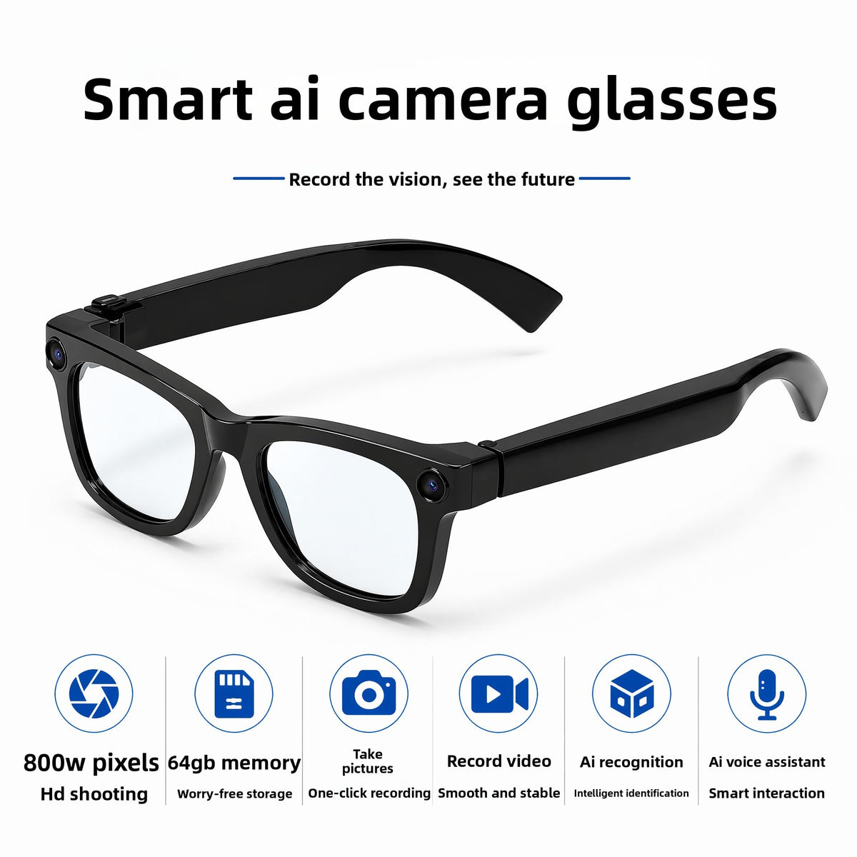 V17 AI Smart Camera Glasses | 8MP 1080P Video, 8GB Memory, AI Object Recognition, Translation & Touch Control