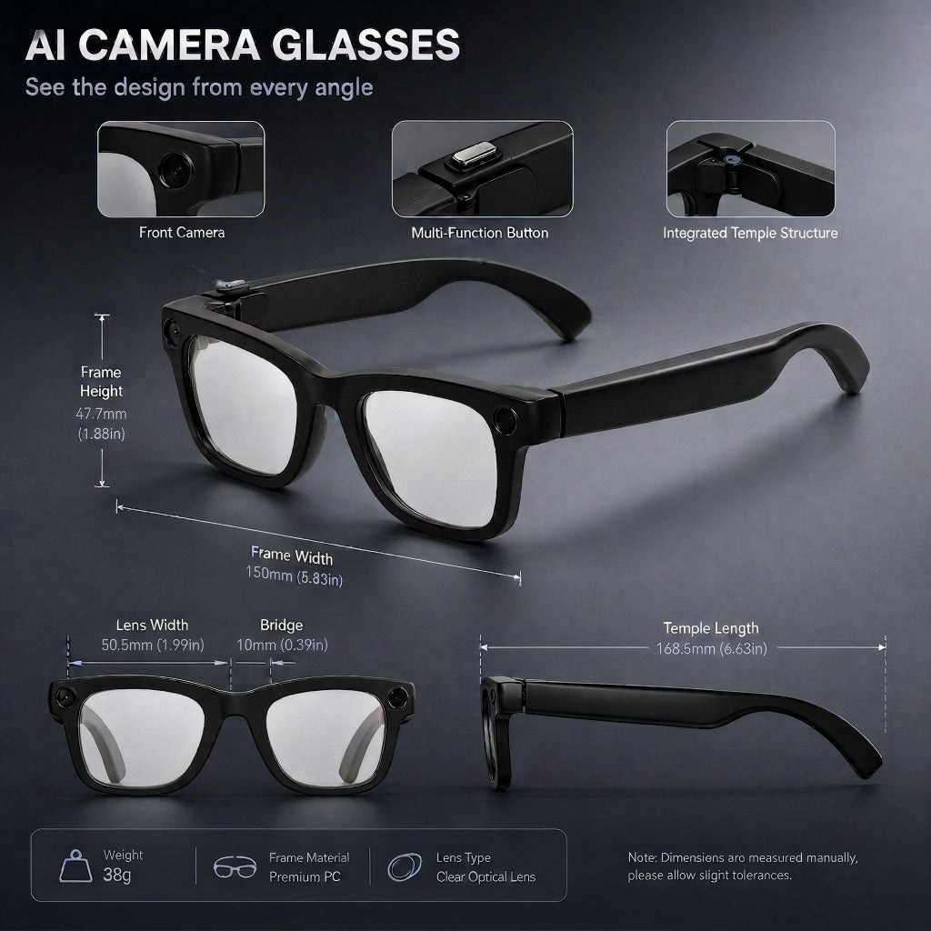 V17 AI Smart Camera Glasses | 8MP 1080P Video, 8GB Memory, AI Object Recognition, Translation & Touch Control
