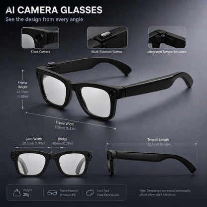 V17 AI Smart Camera Glasses | 8MP 1080P Video, 8GB Memory, AI Object Recognition, Translation & Touch Control