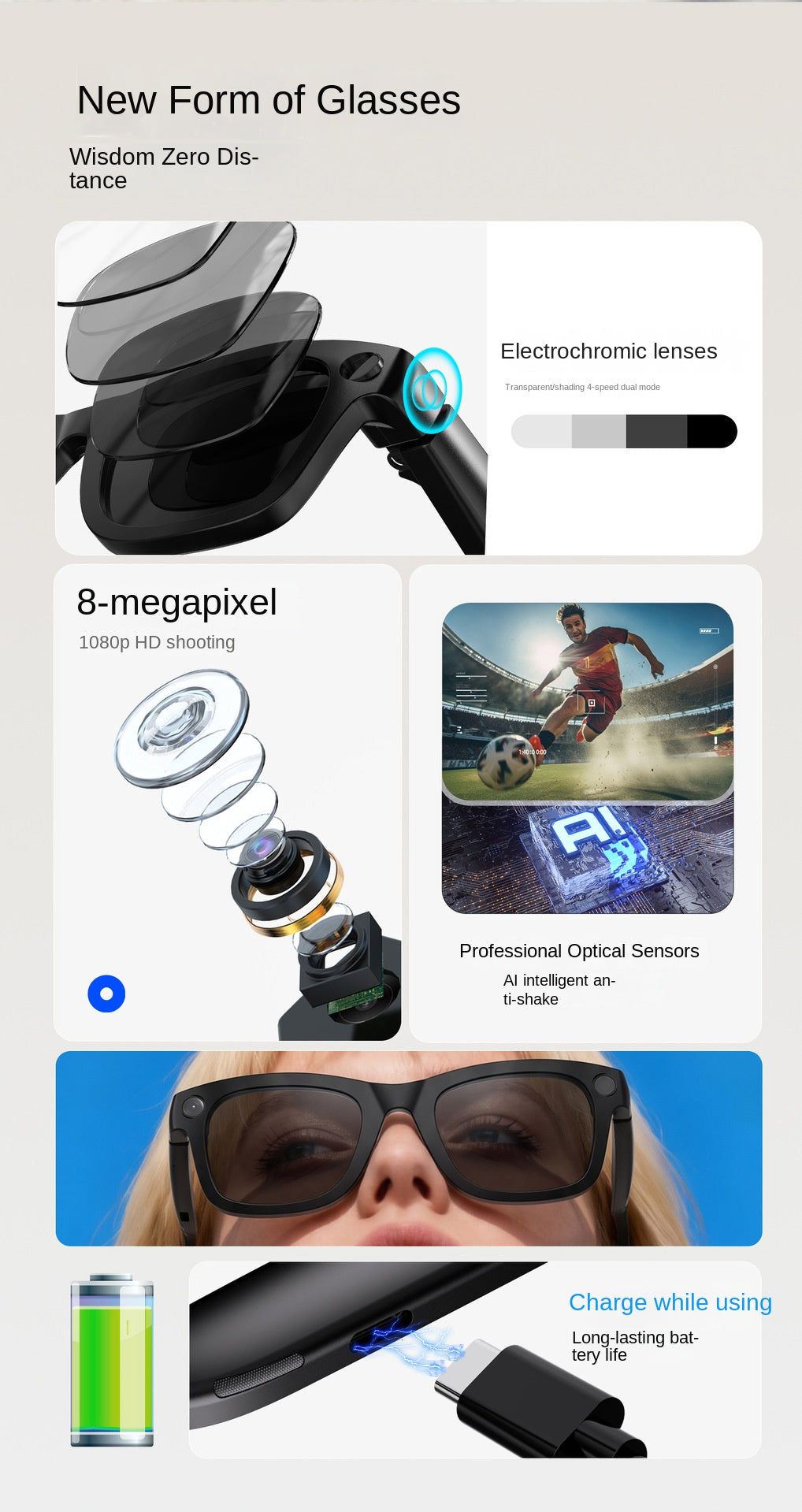 V18 Electrochromic AI Smart Glasses — 800MP Camera, Real-Time Translation & Touch Control