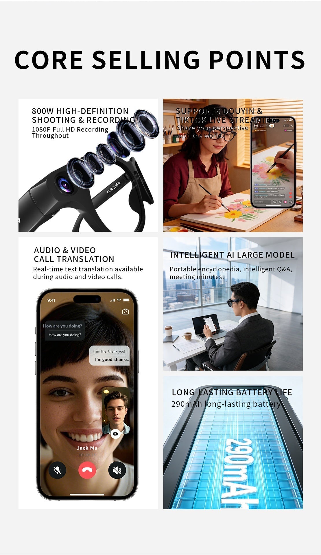 V20 AI Smart Glasses — 8MP HD Camera, Live Streaming, 290mAh Battery & Real-Time Translation