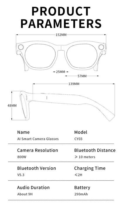 V20 AI Smart Glasses — 8MP HD Camera, Live Streaming, 290mAh Battery & Real-Time Translation