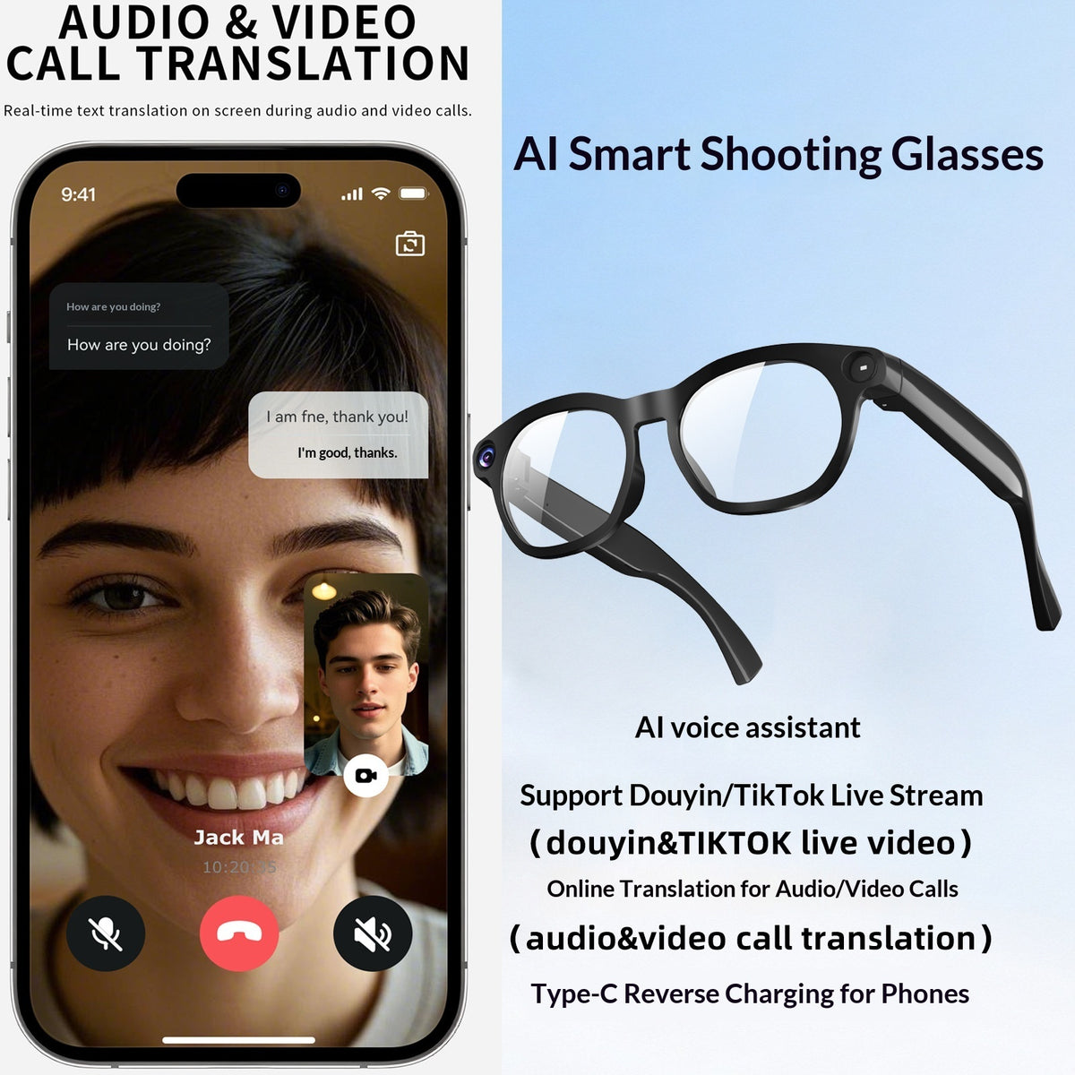V20 AI Smart Glasses — 8MP HD Camera, Live Streaming, 290mAh Battery & Real-Time Translation