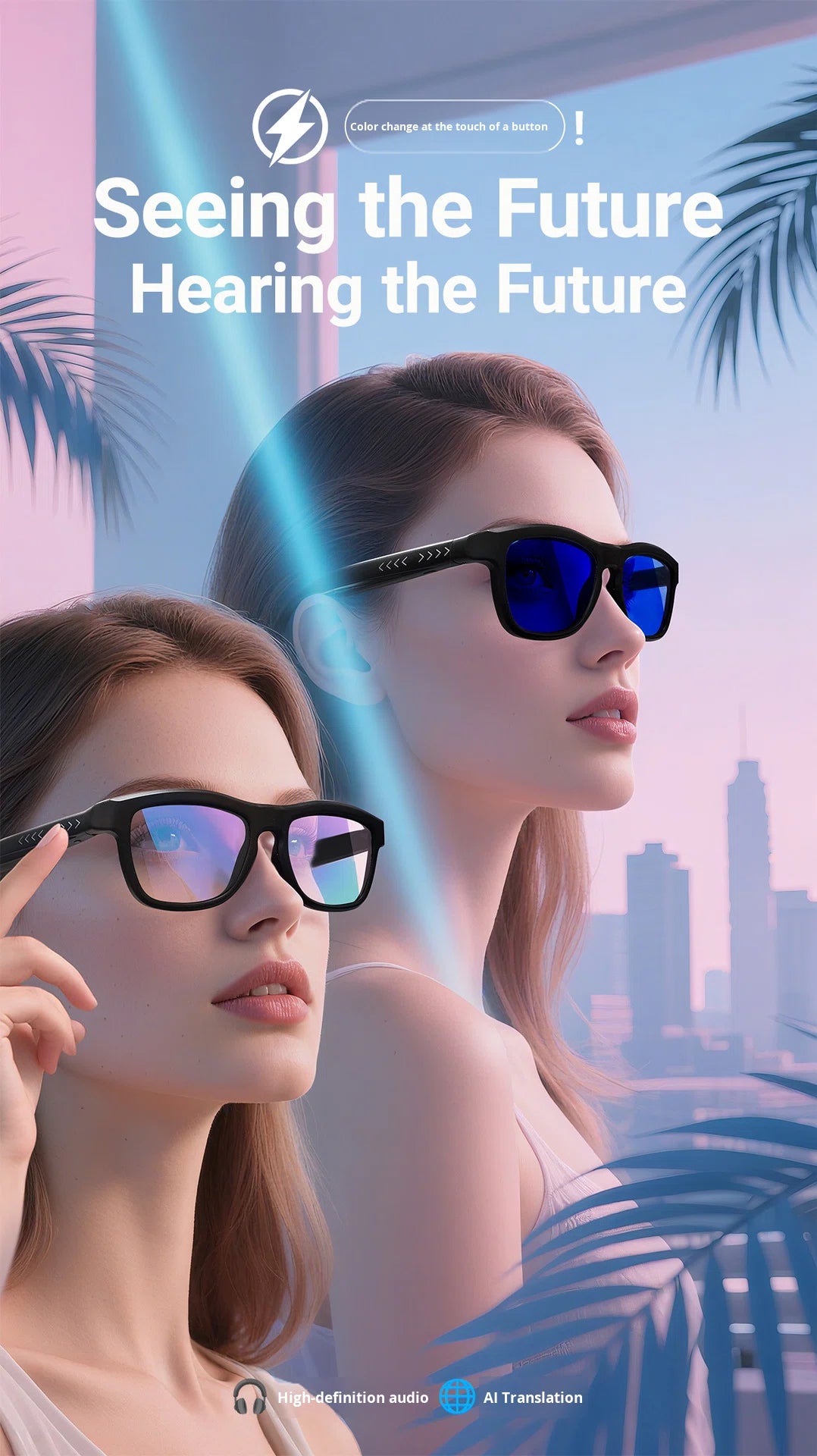 V3-GV90 Smart Dimming Glasses – AI Translation, BT5.4, Color-Changing LCD Lens, Music & Calls