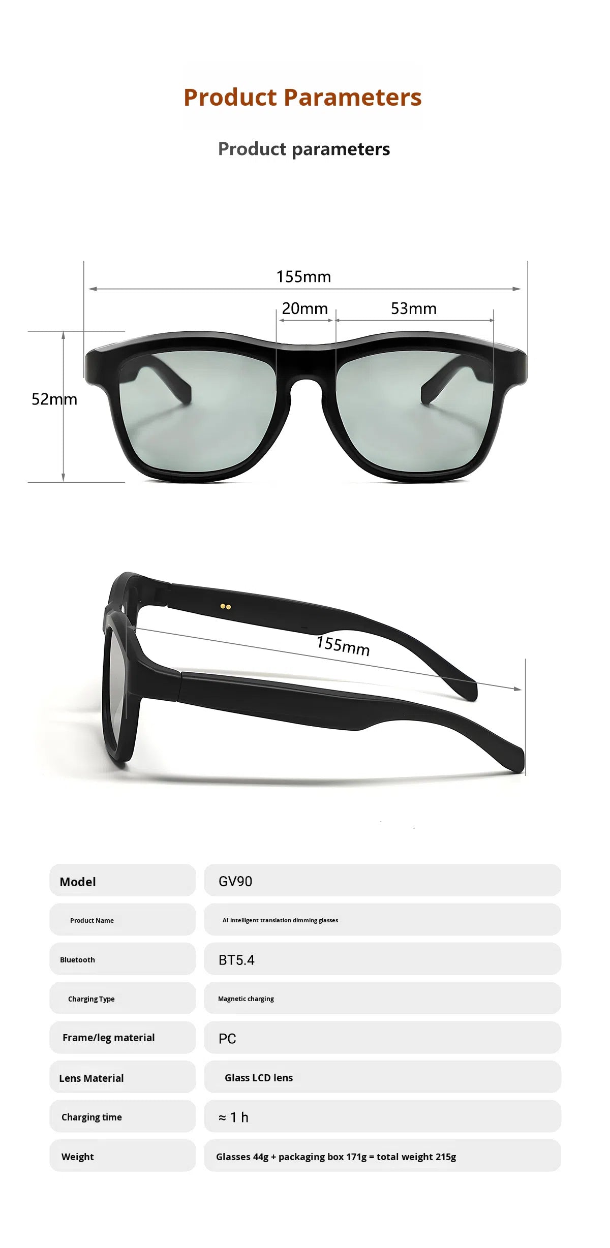 V3-GV90 Smart Dimming Glasses – AI Translation, BT5.4, Color-Changing LCD Lens, Music & Calls