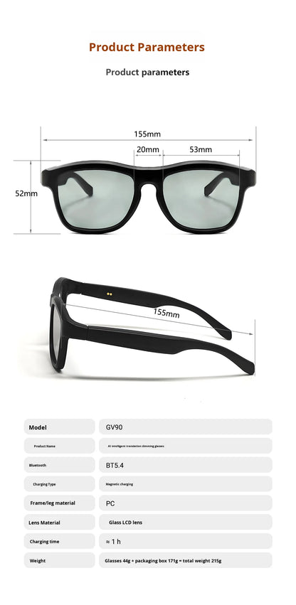 V3-GV90 Smart Dimming Glasses – AI Translation, BT5.4, Color-Changing LCD Lens, Music & Calls