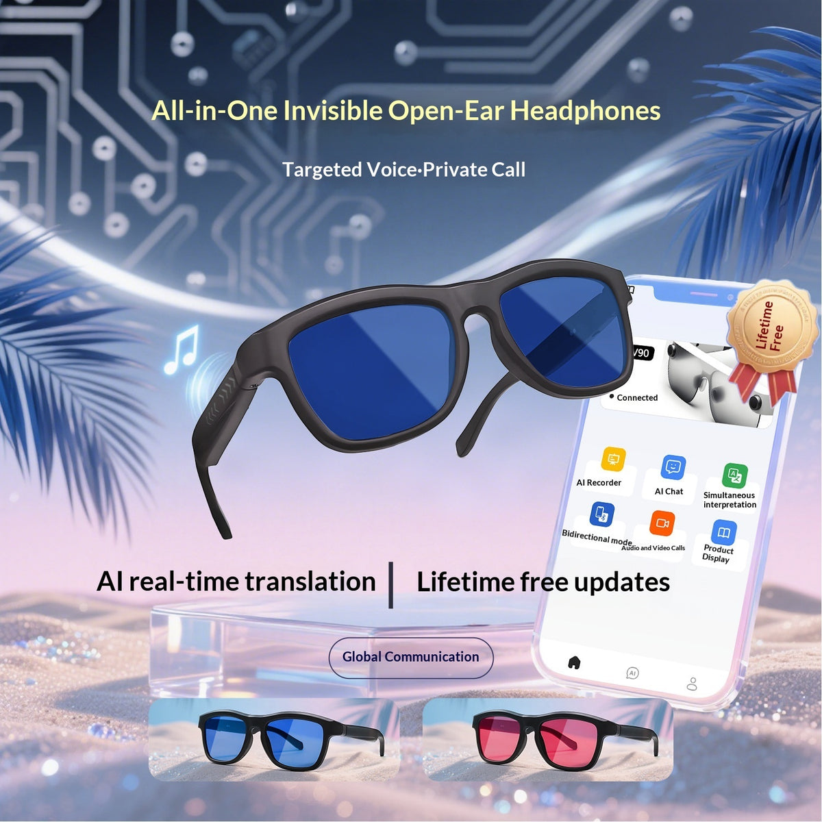 V3-GV90 Smart Dimming Glasses – AI Translation, BT5.4, Color-Changing LCD Lens, Music & Calls