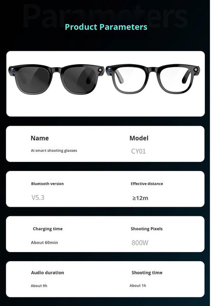 V6 AI Smart Glasses – 800W HD Camera, HeyCyan AI Translation, WiFi Photo Sync, BT5.3 Calling & Music
