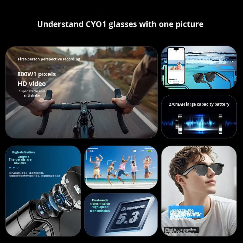 V6 AI Smart Glasses – 800W HD Camera, HeyCyan AI Translation, WiFi Photo Sync, BT5.3 Calling & Music