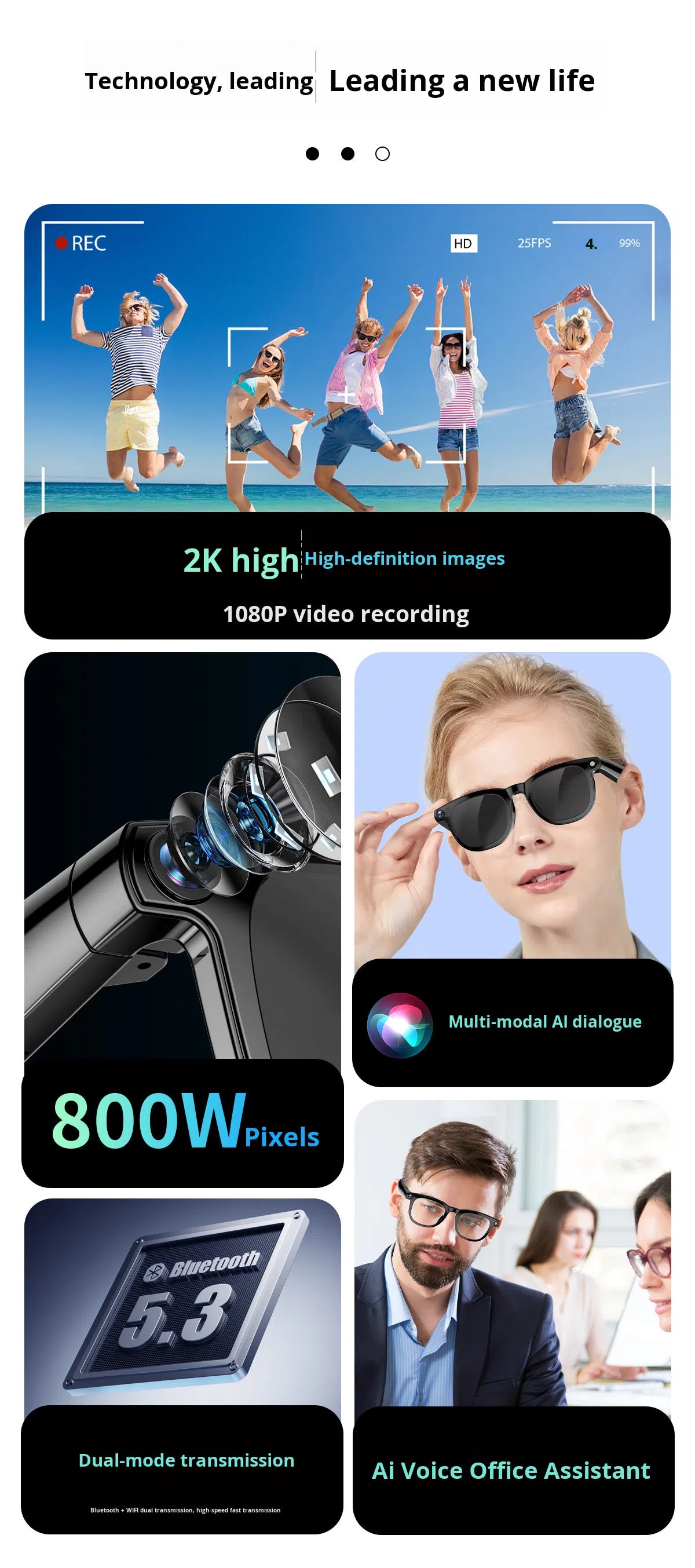 V6 AI Smart Glasses – 800W HD Camera, HeyCyan AI Translation, WiFi Photo Sync, BT5.3 Calling & Music