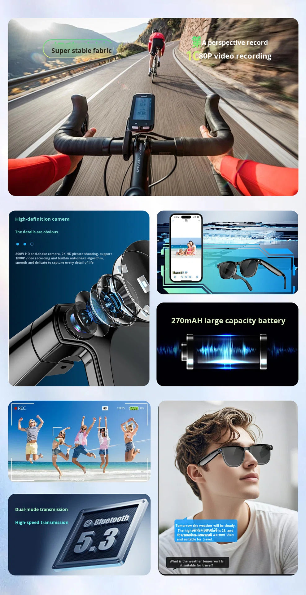 V6 AI Smart Glasses – 800W HD Camera, HeyCyan AI Translation, WiFi Photo Sync, BT5.3 Calling & Music