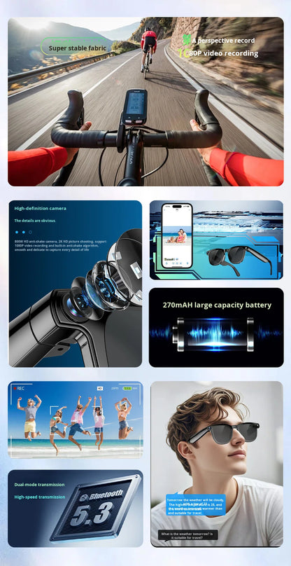 V6 AI Smart Glasses – 800W HD Camera, HeyCyan AI Translation, WiFi Photo Sync, BT5.3 Calling & Music