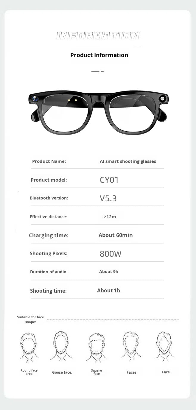 V6 AI Smart Glasses – 800W HD Camera, HeyCyan AI Translation, WiFi Photo Sync, BT5.3 Calling & Music