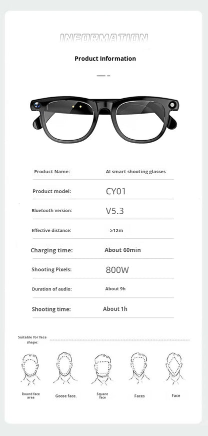 V6 AI Smart Glasses – 800W HD Camera, HeyCyan AI Translation, WiFi Photo Sync, BT5.3 Calling & Music