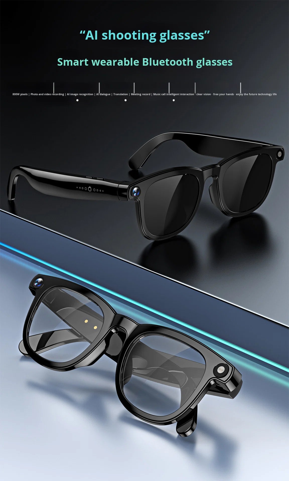 V6 AI Smart Glasses – 800W HD Camera, HeyCyan AI Translation, WiFi Photo Sync, BT5.3 Calling & Music