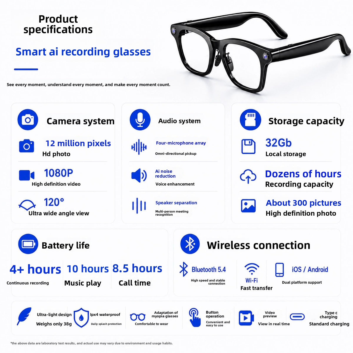V8 AI Smart Recording Glasses – 12MP 1080p Camera, Real-Time Translation, 4-Mic Array & Independent Storage