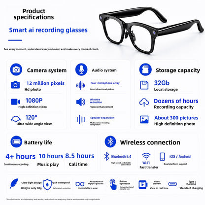 V8 AI Smart Recording Glasses – 12MP 1080p Camera, Real-Time Translation, 4-Mic Array & Independent Storage