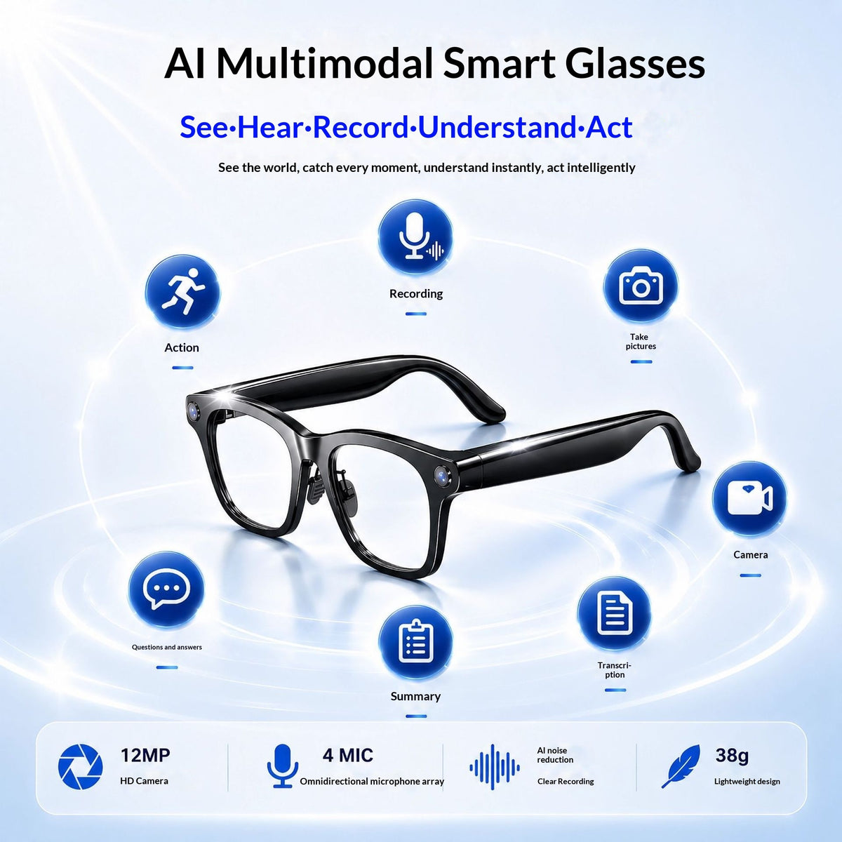 V8 AI Smart Recording Glasses – 12MP 1080p Camera, Real-Time Translation, 4-Mic Array & Independent Storage