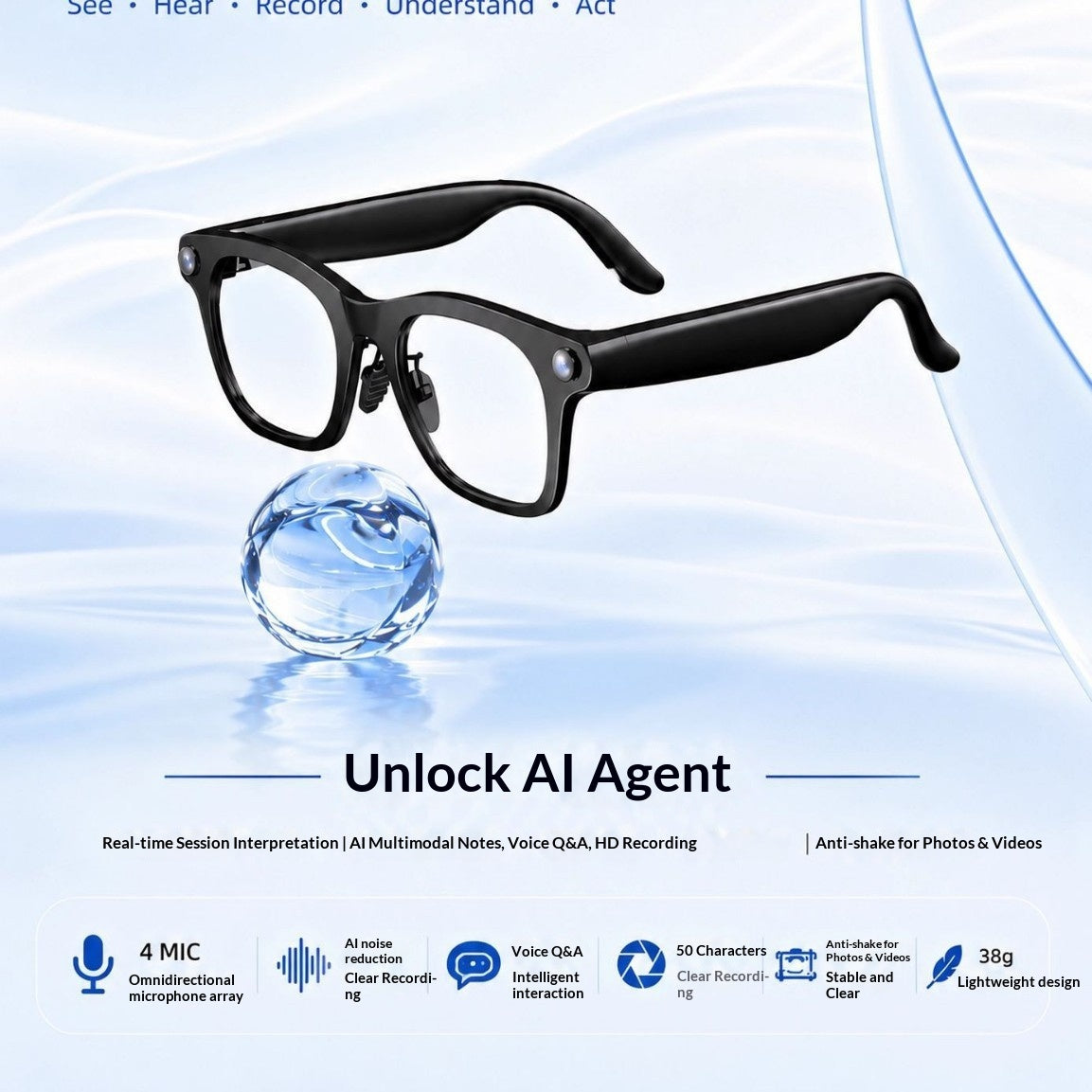V8 AI Smart Recording Glasses – 12MP 1080p Camera, Real-Time Translation, 4-Mic Array & Independent Storage