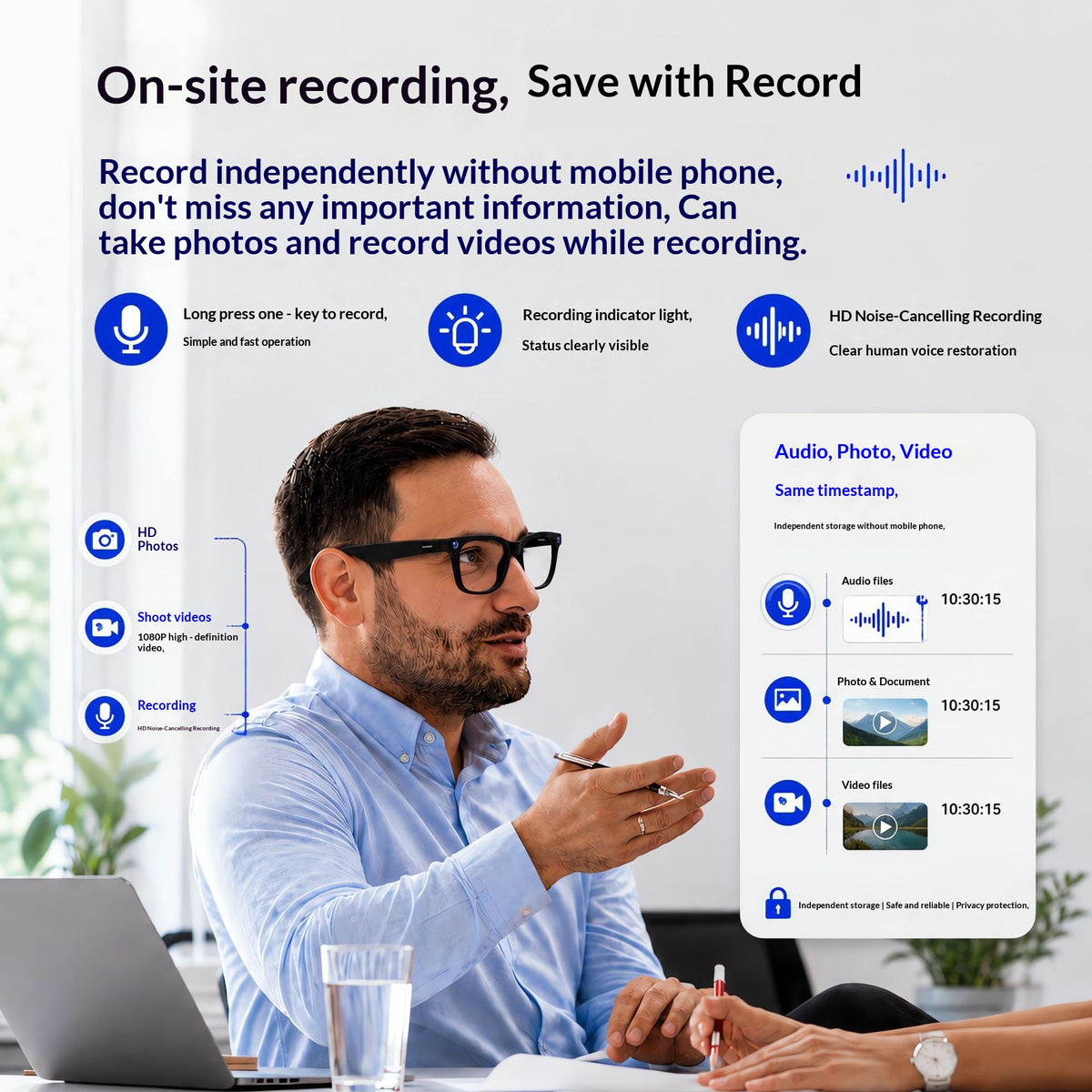 V8 AI Smart Recording Glasses – 12MP 1080p Camera, Real-Time Translation, 4-Mic Array & Independent Storage